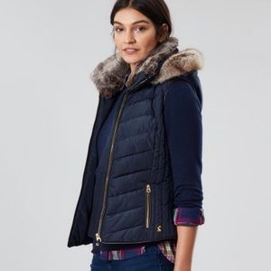 Joules Maybury Chevron Quilted Padded Gilet With Hood- Marine Navy -Sz 14US/18UK